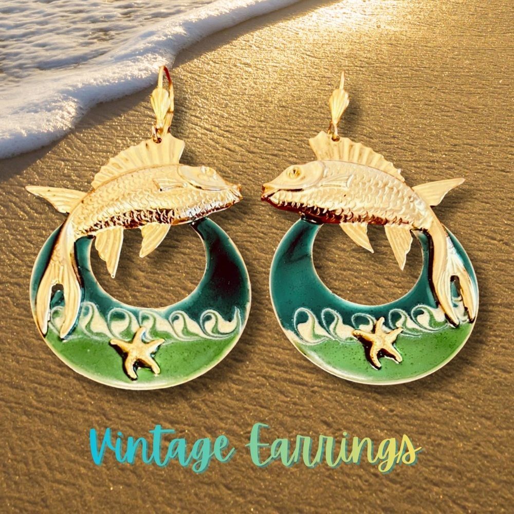 Whimsical Vintage gold & green Enameled Earrings  Resort wear, mermaid style,